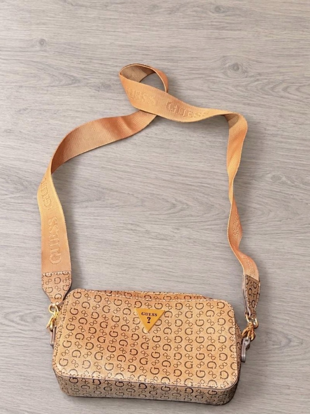 Guess Tan Monogram Crossbody Bag with Branded Strap